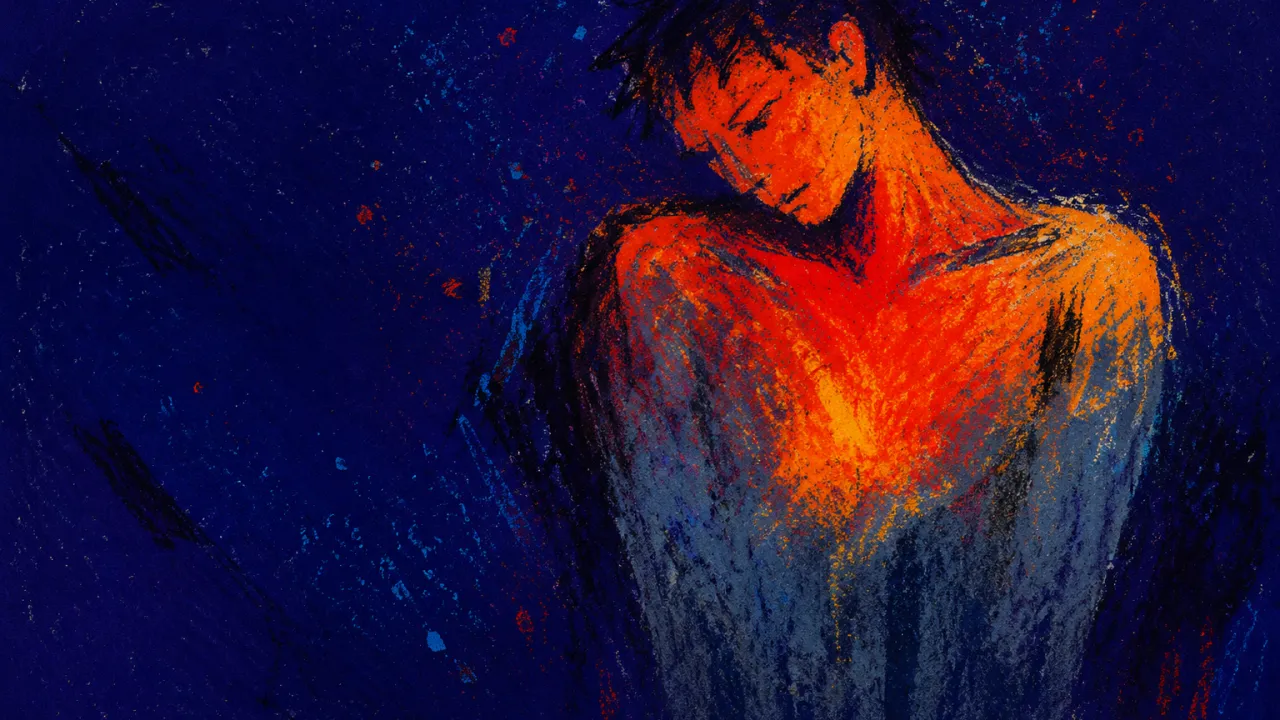 Heat Turning Heavy Solitary figure with raised shoulders, ember-red across the chest draining into slate blue within deep indigo space