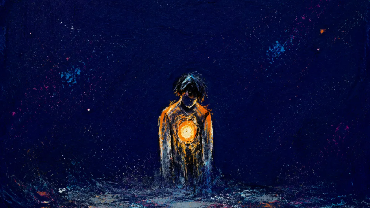 No Ground That Stays Solitary figure with a pale chest glow and raised shoulders in dark space, warm amber fading into cold silver.