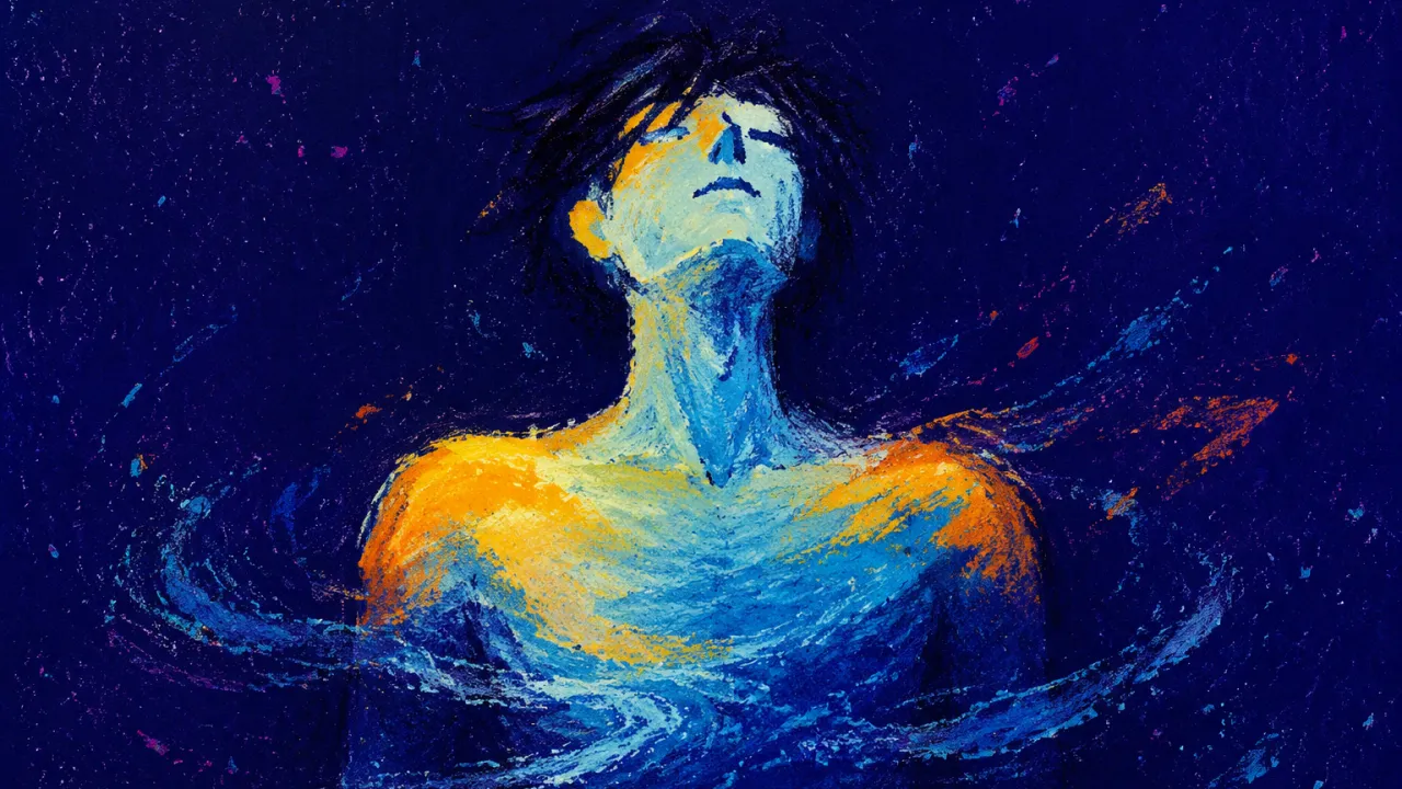 Still Within the Current A solitary figure with relaxed shoulders and an open chest, warm amber edges amid cool blue currents in dark indigo space