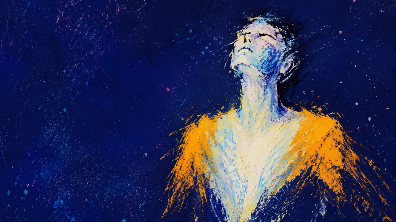Space Returning to the Chest A solitary figure with settled shoulders, amber light widening across the chest as cool white permeates deep indigo.