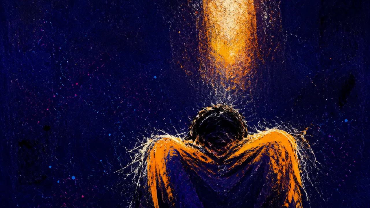 Beneath the Distant Amber Light A solitary figure with raised shoulders beneath distant amber light, surrounded by narrowing indigo space and silver static.