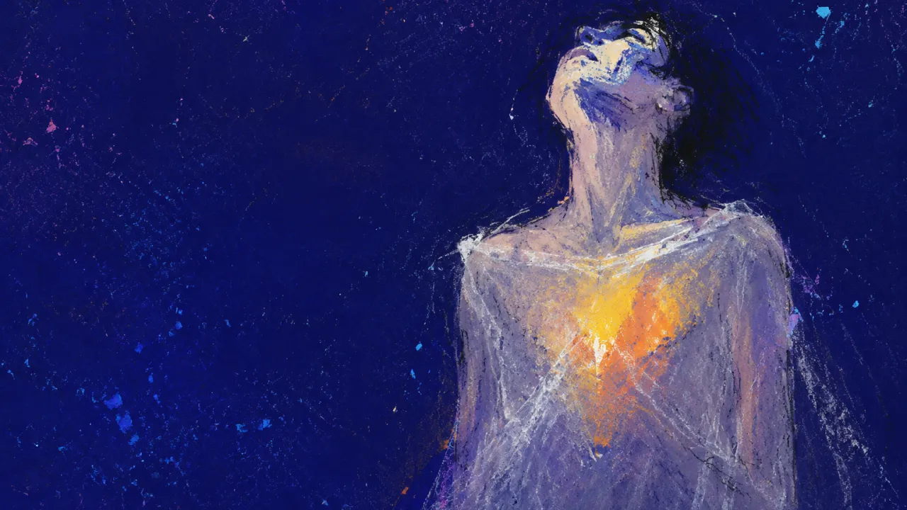 Warmth Behind the Glass A solitary figure behind a translucent gray membrane, amber dissolving to ice white across the chest in deep indigo space