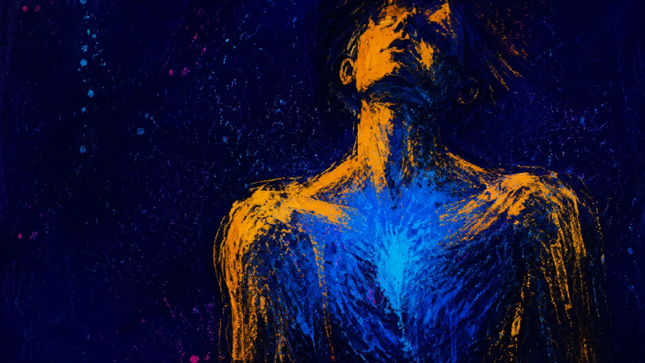 A solitary figure with raised shoulders, a blue current across the chest, and an amber edge glowing in deep indigo space.