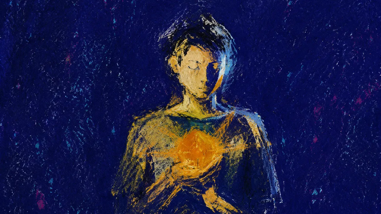 A centered figure with amber light settled at the chest, suspended in deep indigo space with soft silver edges
