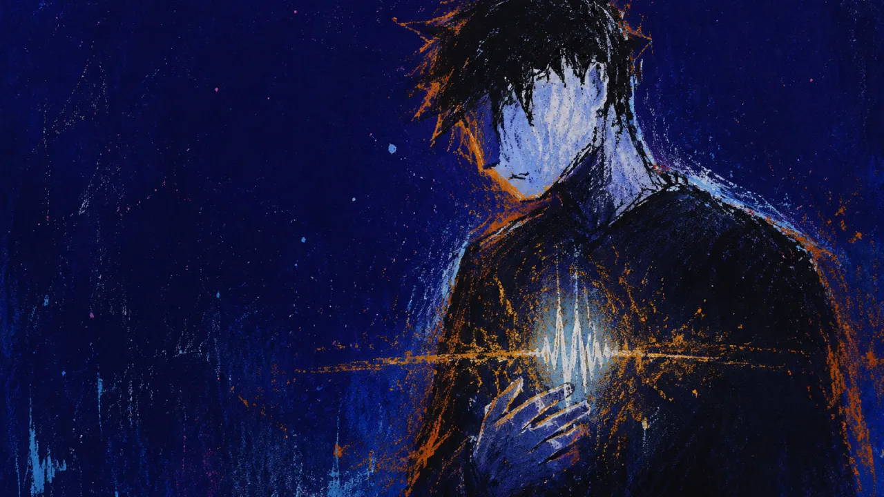 The Half-Lit Signal A solitary figure with a half-lit chest, pale silver pressing into amber static within deep indigo negative space
