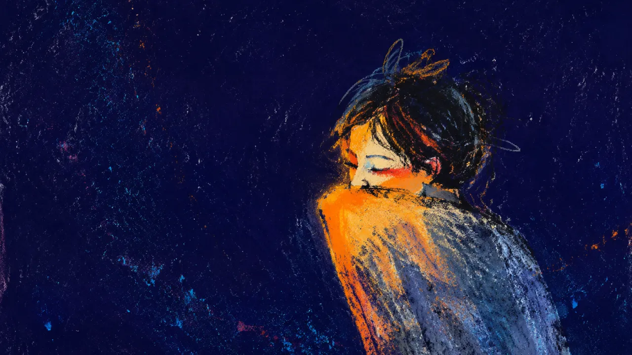 A solitary figure with raised shoulders, amber light suspended along a sharp shoulder line, fading into deep indigo space.