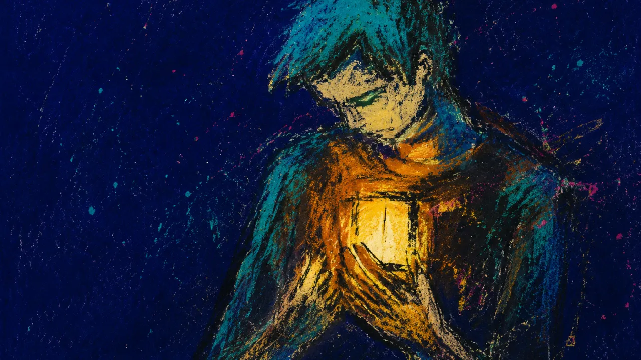 Weight at the Amber Threshold A solitary figure in deep indigo space, shoulders gathered around an amber-lit chest as cold teal shadows press inward.
