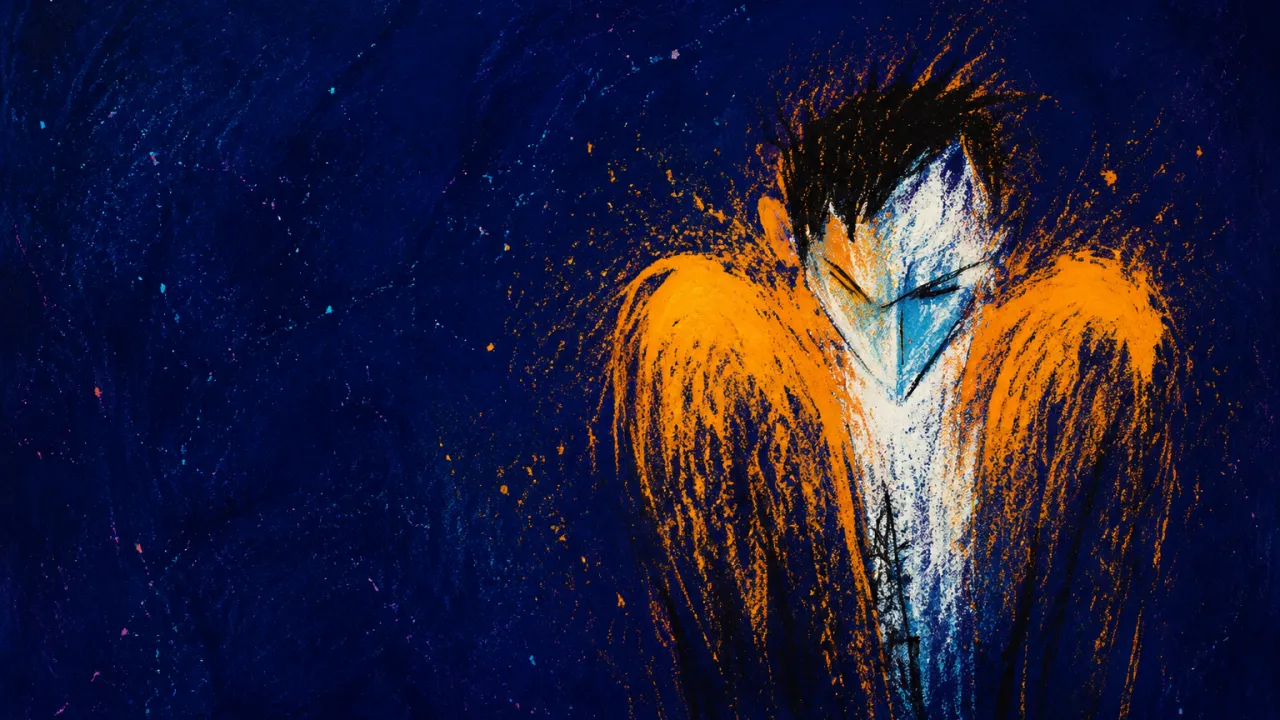 A solitary figure with raised shoulders and a partly lit chest, warm amber stopping sharply against cold indigo space.