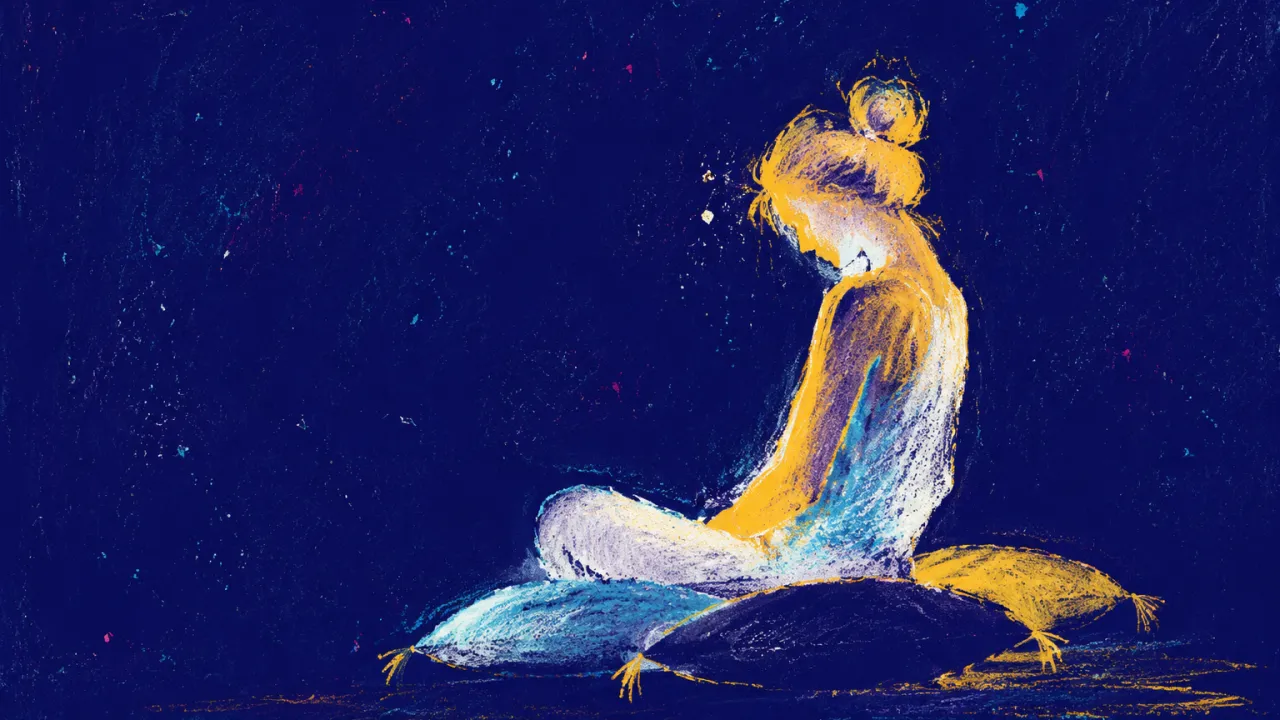 Where the Weight Can Rest A seated figure on layered cushions with lowered shoulders, outlined in wheat-gold against deep indigo space.