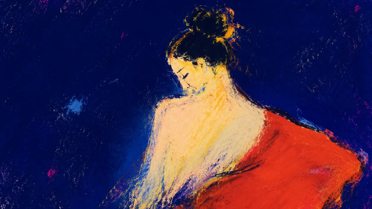 Where the Shoulders Settle A solitary figure with lowered shoulders, warm red light diffusing through the torso into deep indigo open space.