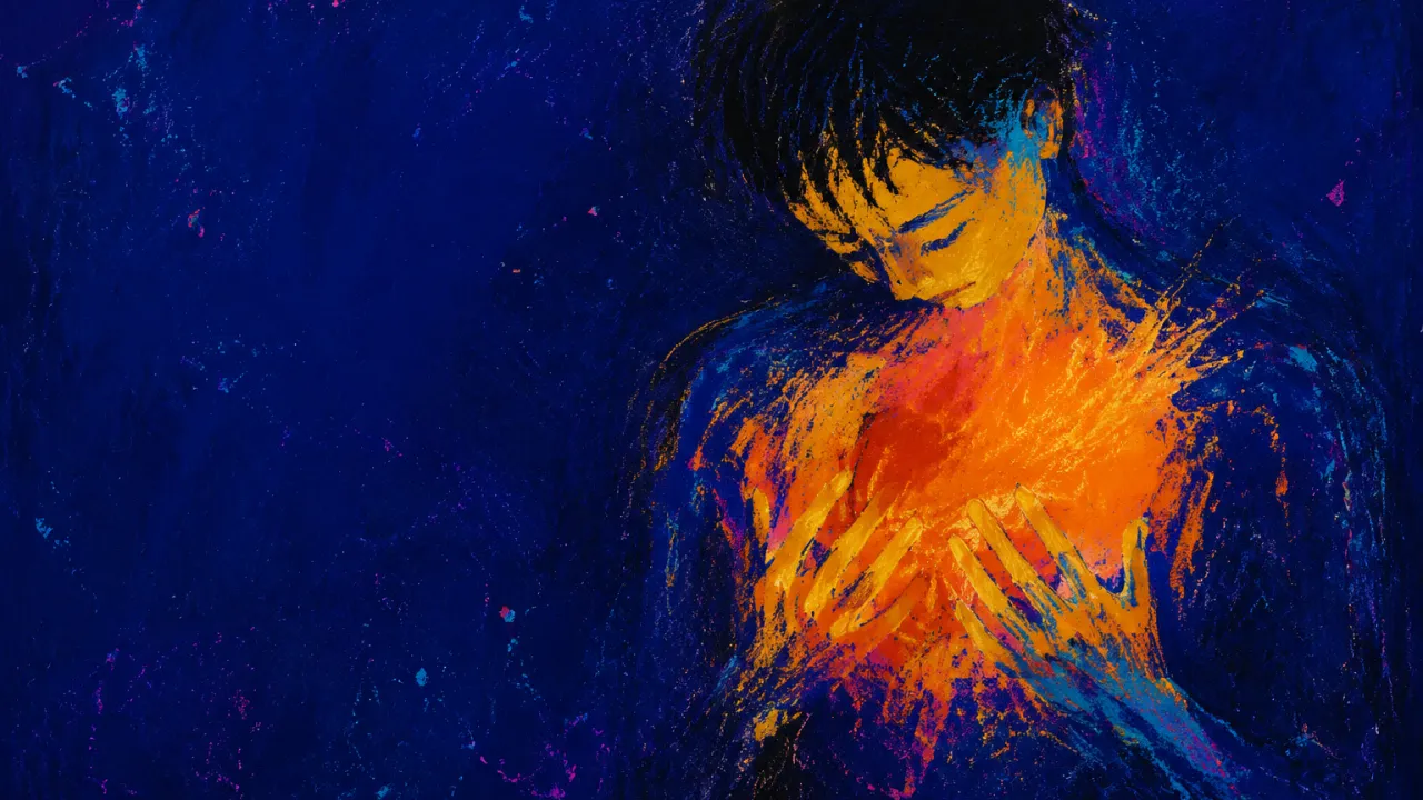 Ripened Light Gathering Into Form A solitary figure with amber light gathered across the chest and fingertips, surrounded by cool indigo negative space