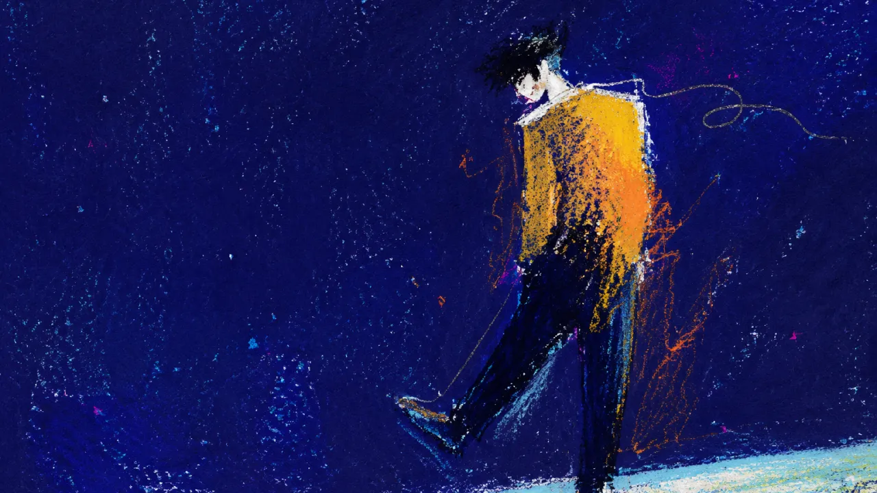 Figure with a lifted foot above open ground, warm amber drifting through cool blue air, shoulders held in suspended balance.