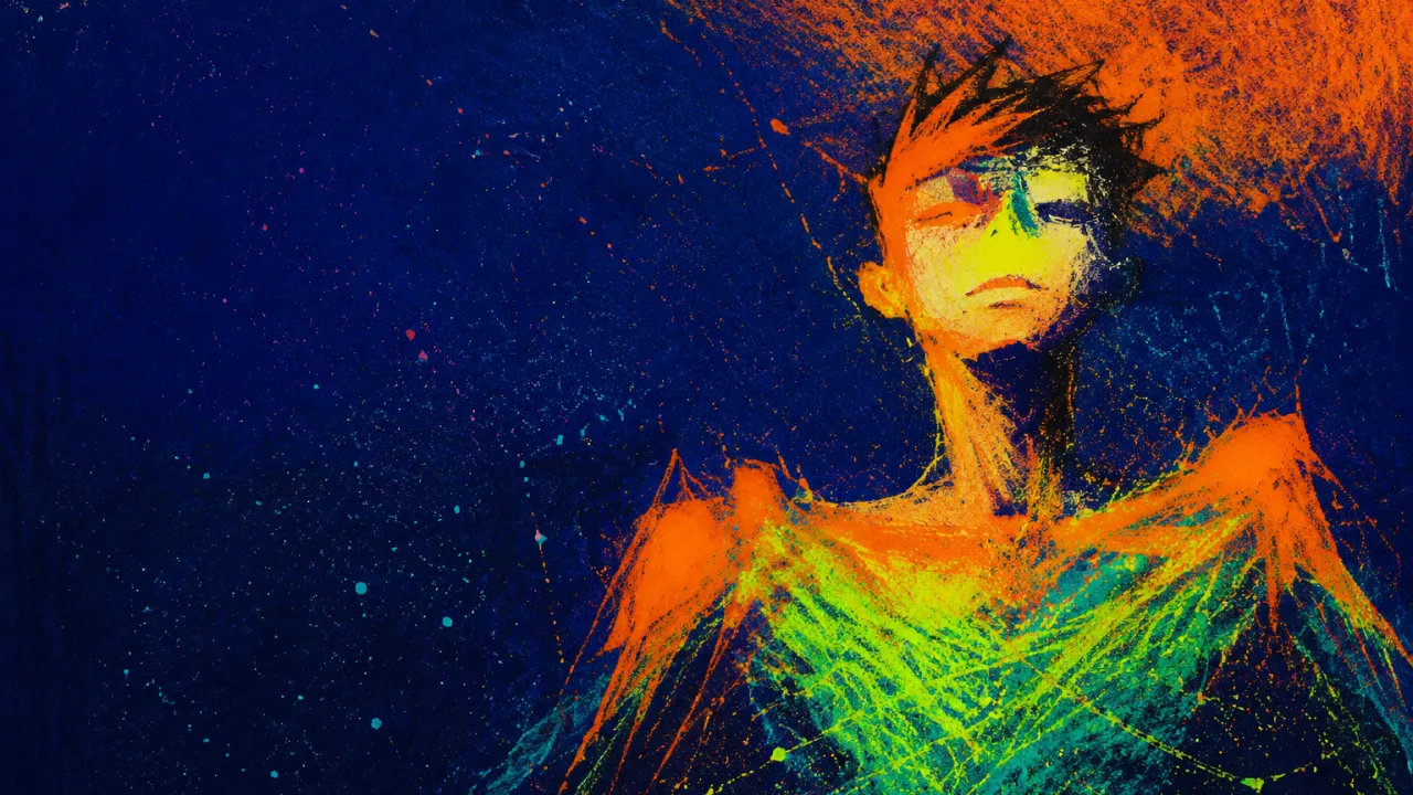 No Quiet Surface Left A solitary figure with raised shoulders, amber static across the chest, and patterned color crowding deep indigo margins
