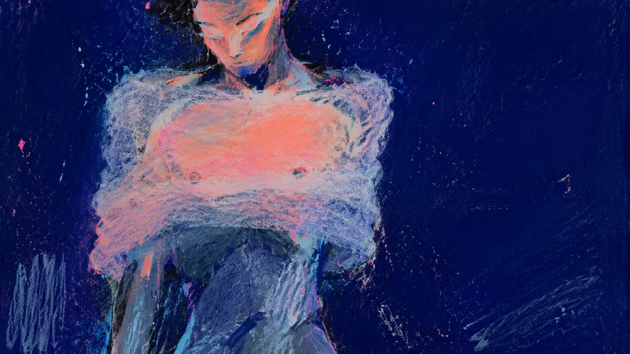 Behind the Cottony Layer A solitary figure with chest and torso blurred beneath translucent layers, warm coral ending against cool indigo.
