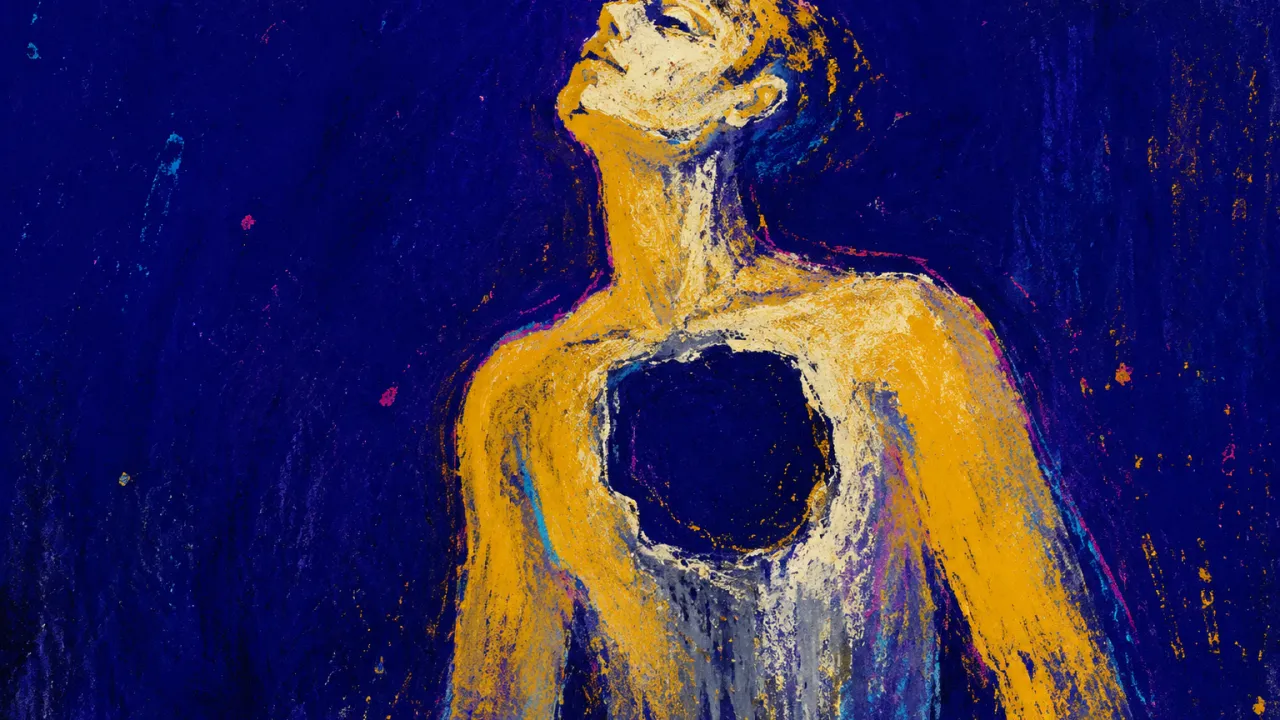 A solitary figure in deep indigo space, with a translucent hollow at the chest and warm gold fading into cool grey.