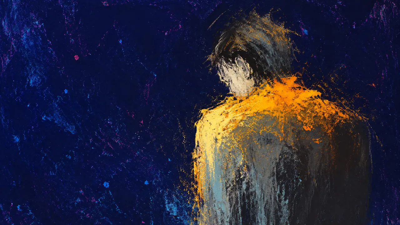 Warmth at the Guarded Edge A solitary figure with lowered shoulders, an amber weight suspended over the torso as wheat-gold light meets deep indigo.