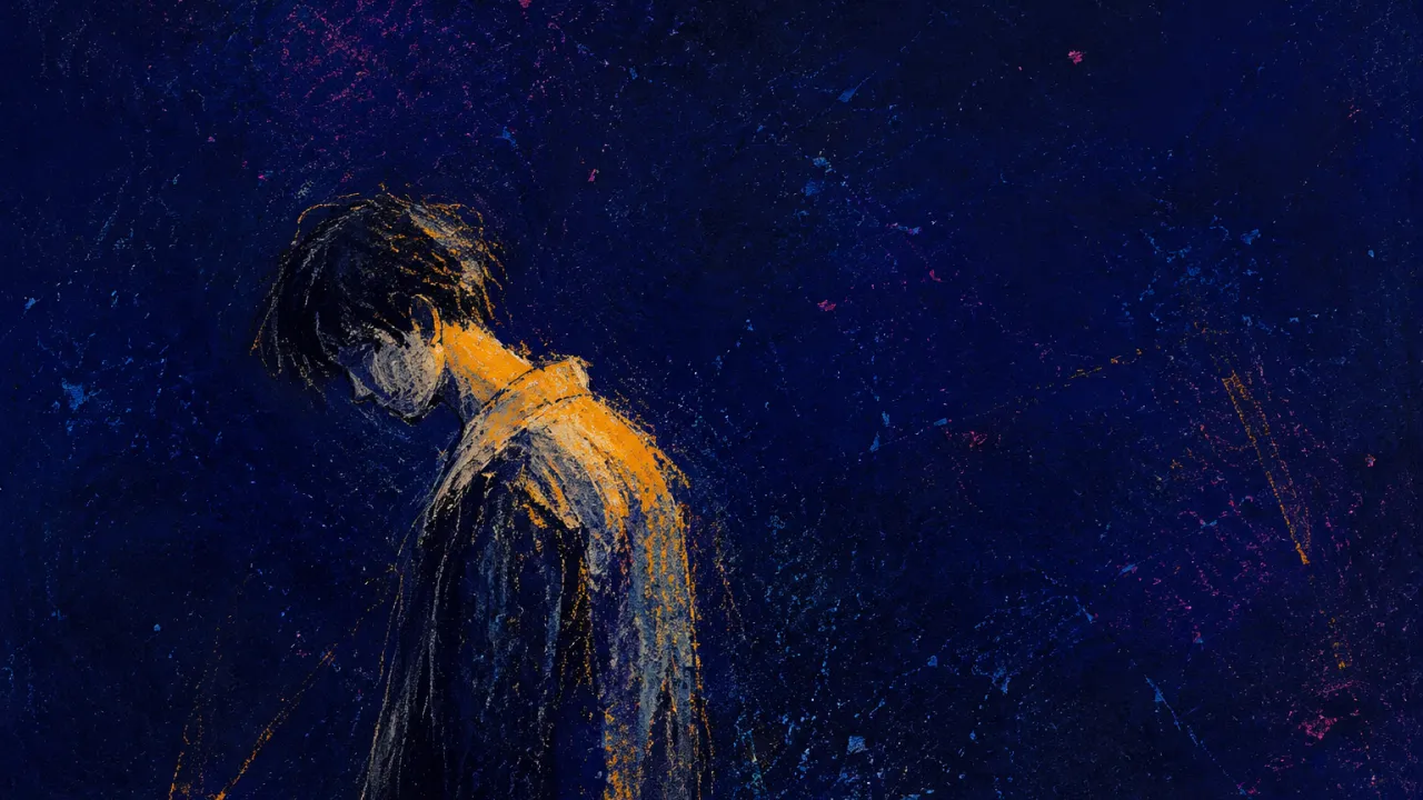 Low Light on Lowered Shoulders A solitary figure with lowered shoulders in deep indigo space, muted grey-blue brushwork fading across a low amber edge.