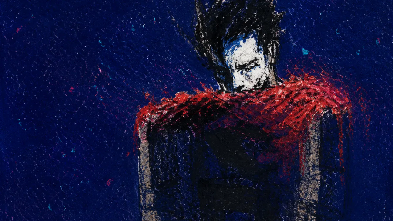 Upright Beneath the Weight A solitary upright figure in indigo space, with crimson weight settled across the shoulders and a stone-textured torso.