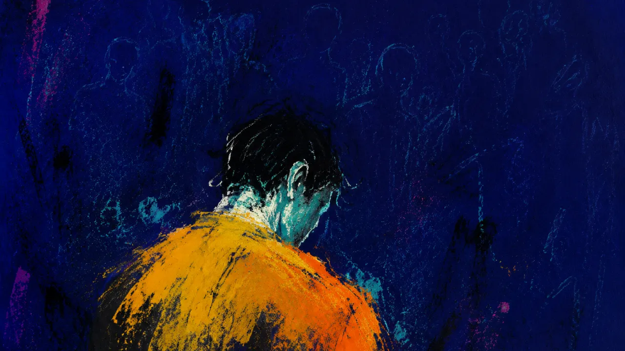 Weight Without a Landing Place A solitary figure with lowered shoulders, layered amber forms suspended in teal-edged deep indigo negative space