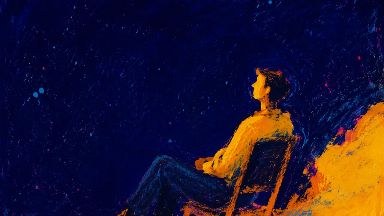 A Place With Your Shape A seated figure with lowered shoulders and an upright torso, amber edges meeting deep indigo around a living landscape.