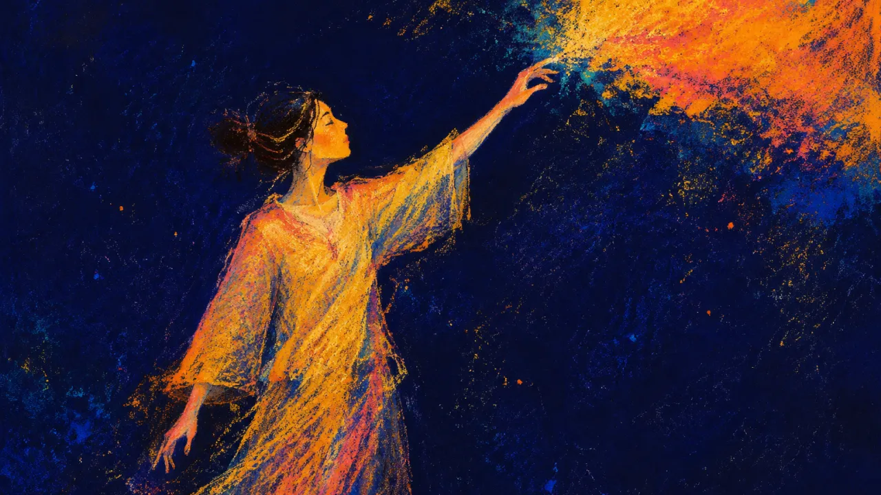 Warmth Settling at the Fingertips A solitary figure in deep indigo space, with still fingertips at the edge of gold and coral light filling the torso.