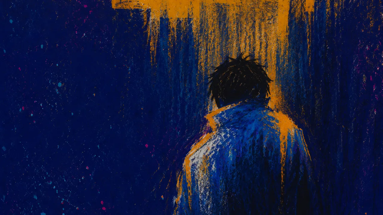 Suspended at the Amber Edge A solitary figure with raised shoulders amid tiered vertical planes, sharp amber edges descending into deep indigo space