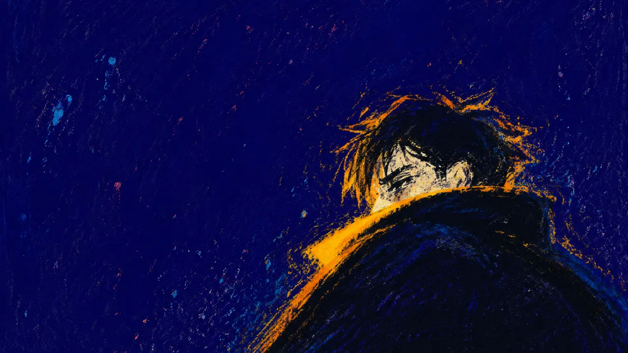 A solitary figure with raised shoulders, thin amber light tracing the body against a vast cold indigo field