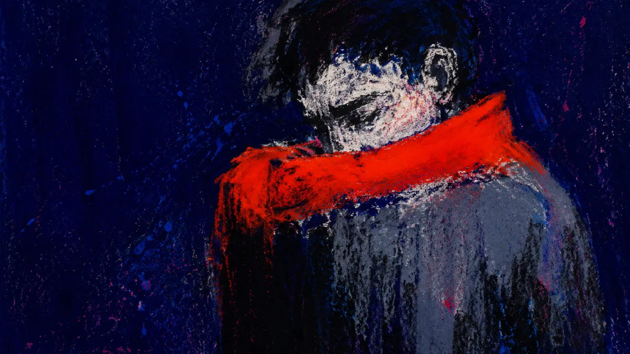 Heat Beneath the Still Surface A solitary figure with raised shoulders, a crimson band across the upper torso fading into cold grey and deep indigo space