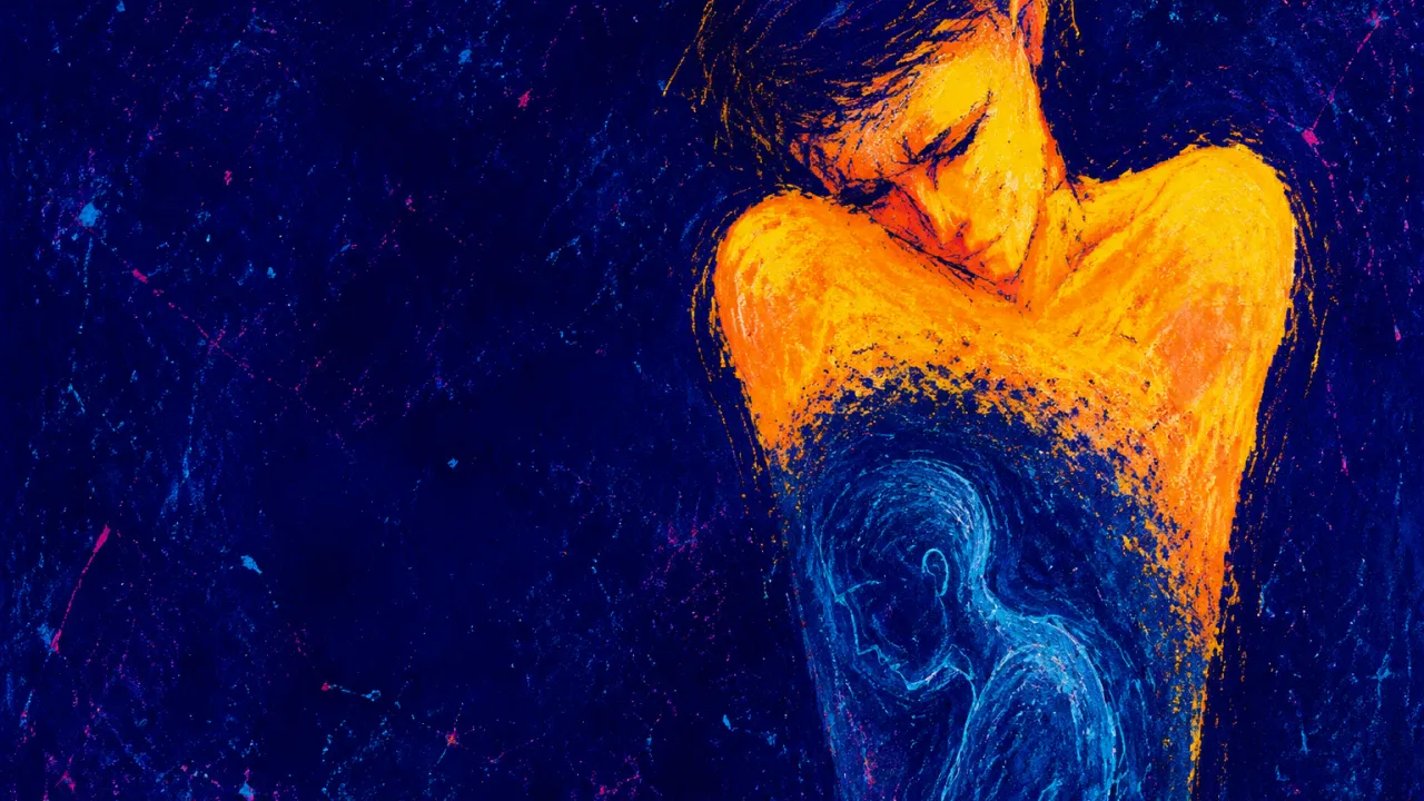 A solitary figure with lifted shoulders and an inward-drawn torso, warm amber dissolving into a smaller cold-blue silhouette.