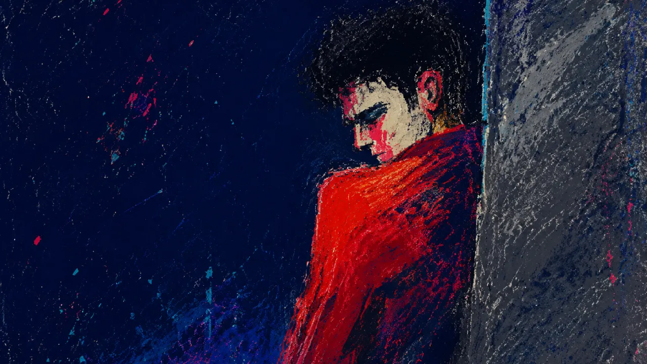 Heat Held in Stone A solitary upright figure in deep indigo space, shoulders aligned as warm red meets a cold gray stone perimeter.