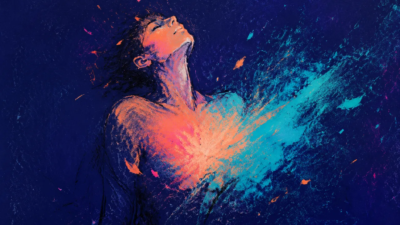 Before the Color Settles A solitary figure with lifted shoulders and coral light across the chest, drifting over a sharp cyan edge into deep indigo.