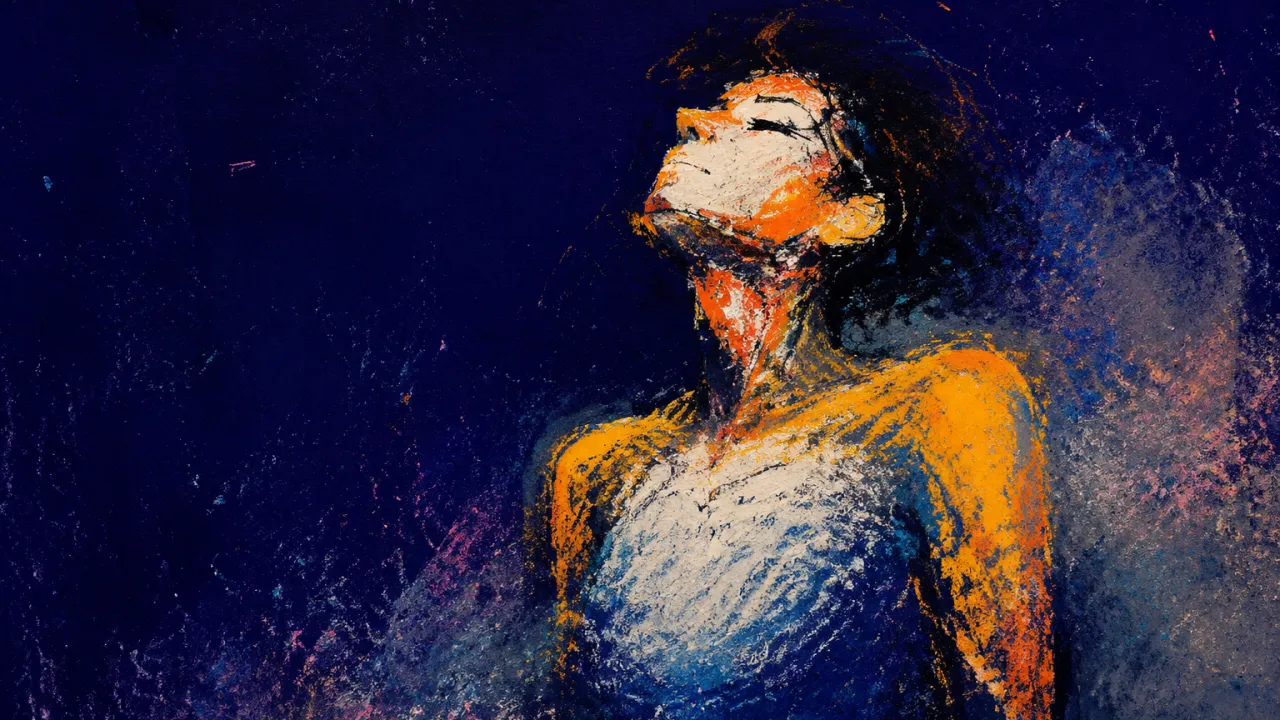 Suspended at the Threshold A solitary figure with lifted shoulders, an amber band across the chest, and deep indigo space narrowing inward.