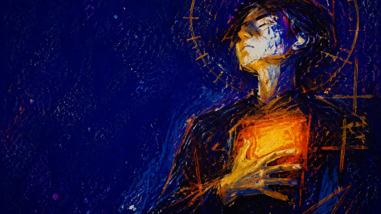The Weight of Getting It Right A solitary figure with raised shoulders and an amber-lit chest beneath measured markings in deep indigo space