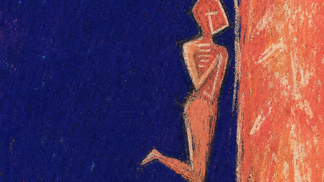 A solitary figure at a threshold, ribcage marked by tight lines, warm coral light separated from deep indigo space