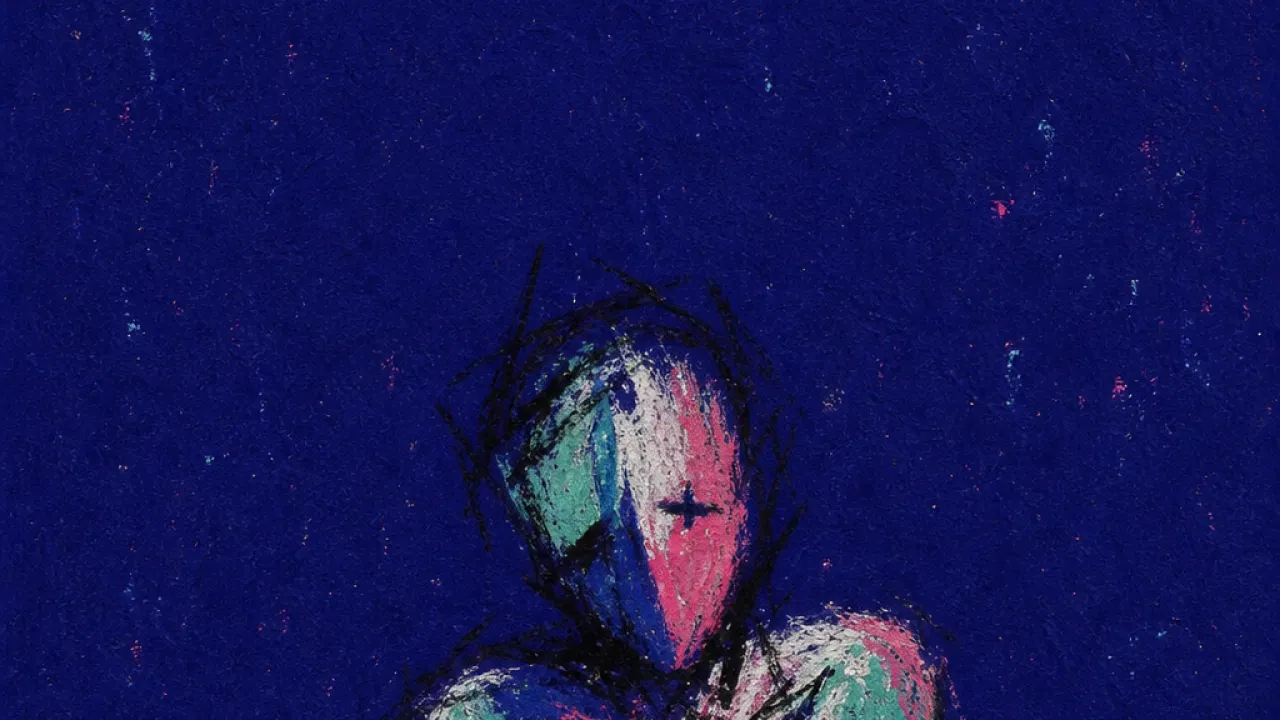 Heat With Nowhere to Hide A solitary figure with a tightened chest and folded shoulders, ember pink warmth pressed against cold teal indigo space