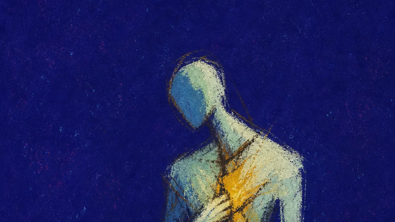 The Held Breath Before Yes A solitary figure with a tight glow in the chest, fruit-gold light held back by cold indigo space
