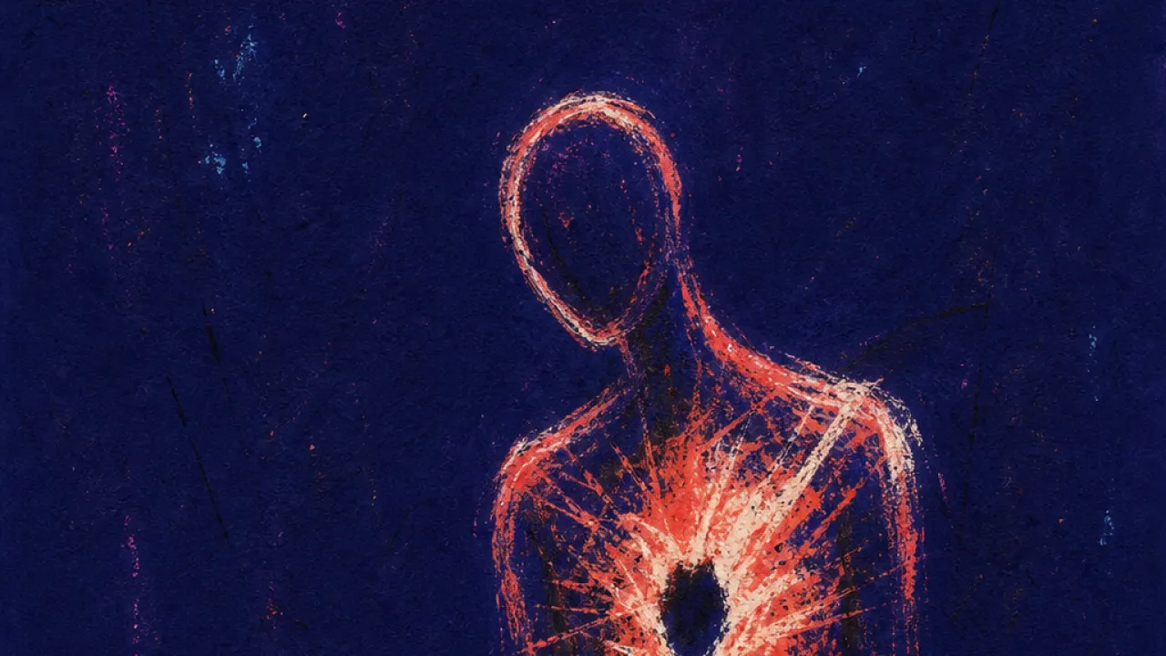 Uneven light in the chest A solitary figure with tight coral pressure at the chest, standing in deep indigo space with one uneven beam of light