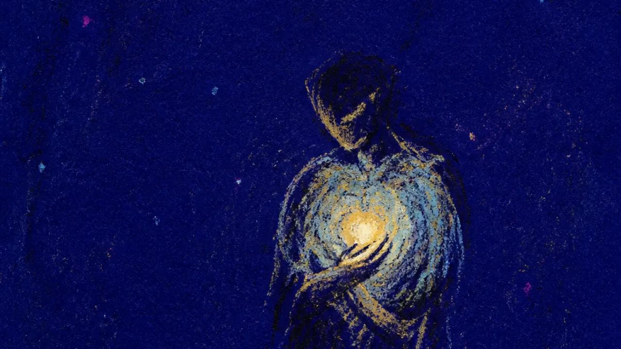 A light held carefully A solitary figure with a small glow cupped at the chest, pale gold edged by cold blue in deep indigo space