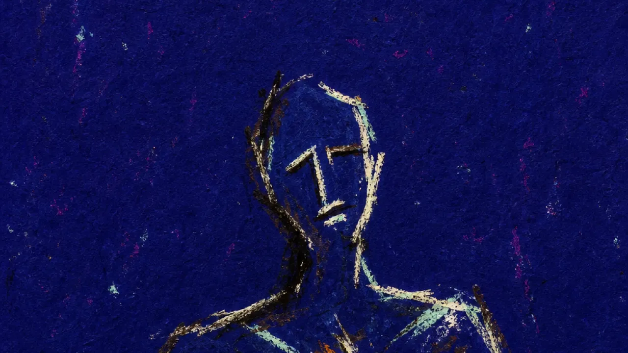 Too close to breathe A solitary figure with a tightened chest inside a close amber enclosure, deep indigo space pressing inward