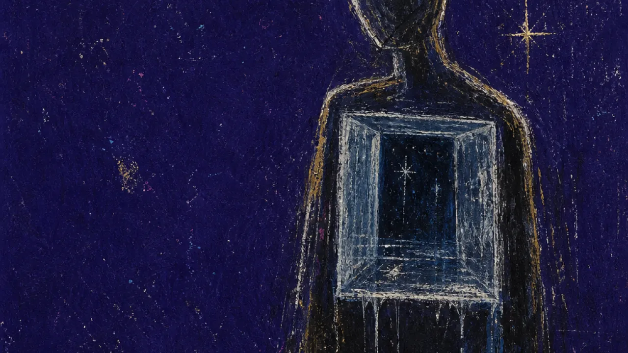 Visible behind glass A solitary figure with a glasslike chest space, pale gold warmth separated from cold silver air in deep indigo darkness
