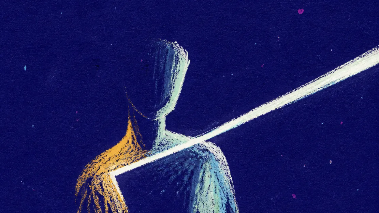 A solitary figure with lowered shoulders in deep negative space, a cool white beam cutting through warm amber static