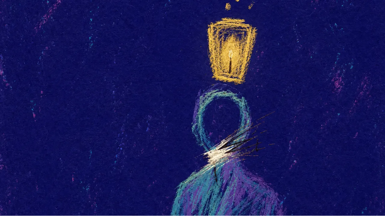 A lantern-sized thought A solitary figure on a dark ridge holding a small warm light, surrounded by cold indigo space and thin pale air