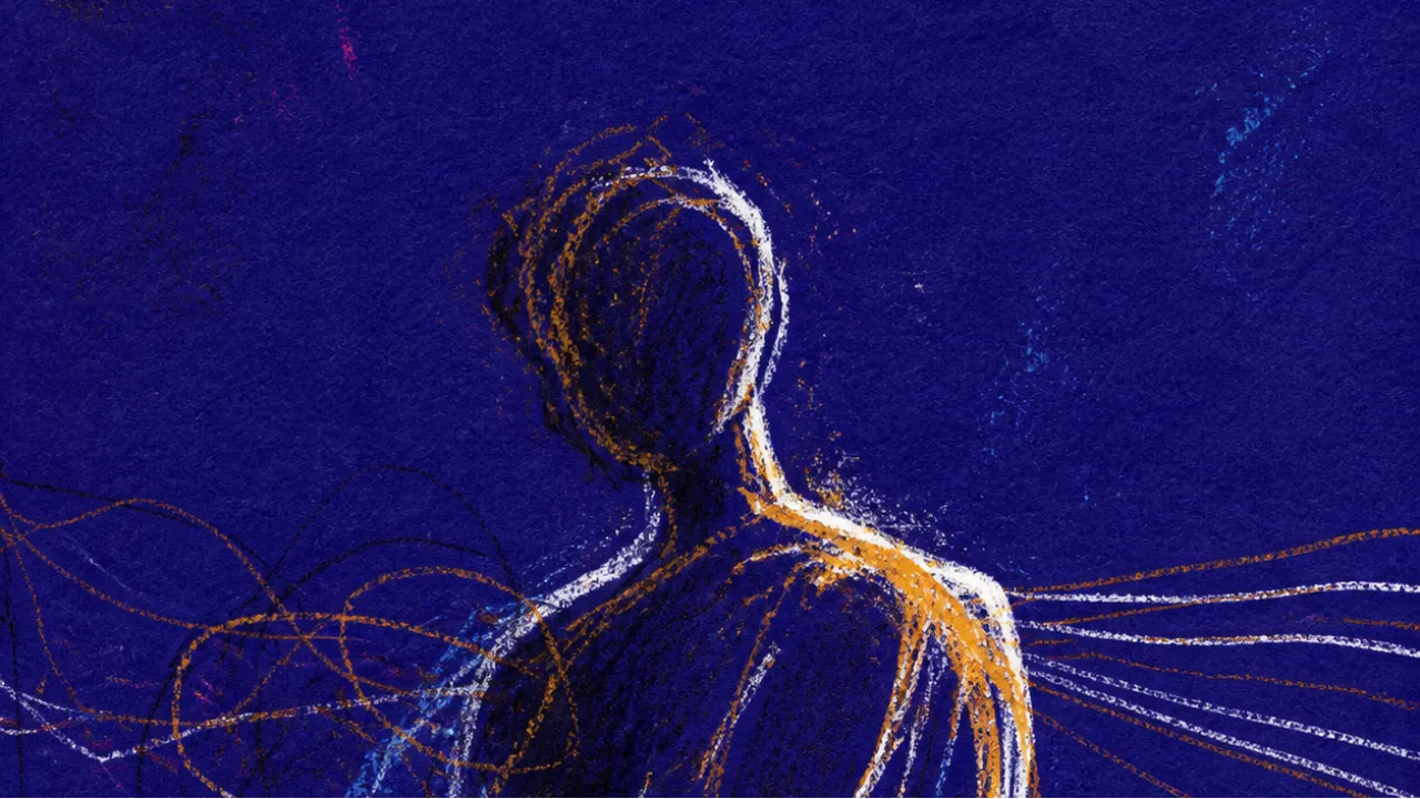 The Pattern Becoming Visible A solitary figure with lowered shoulders, thin amber and white lines forming an ordered pattern in deep indigo space