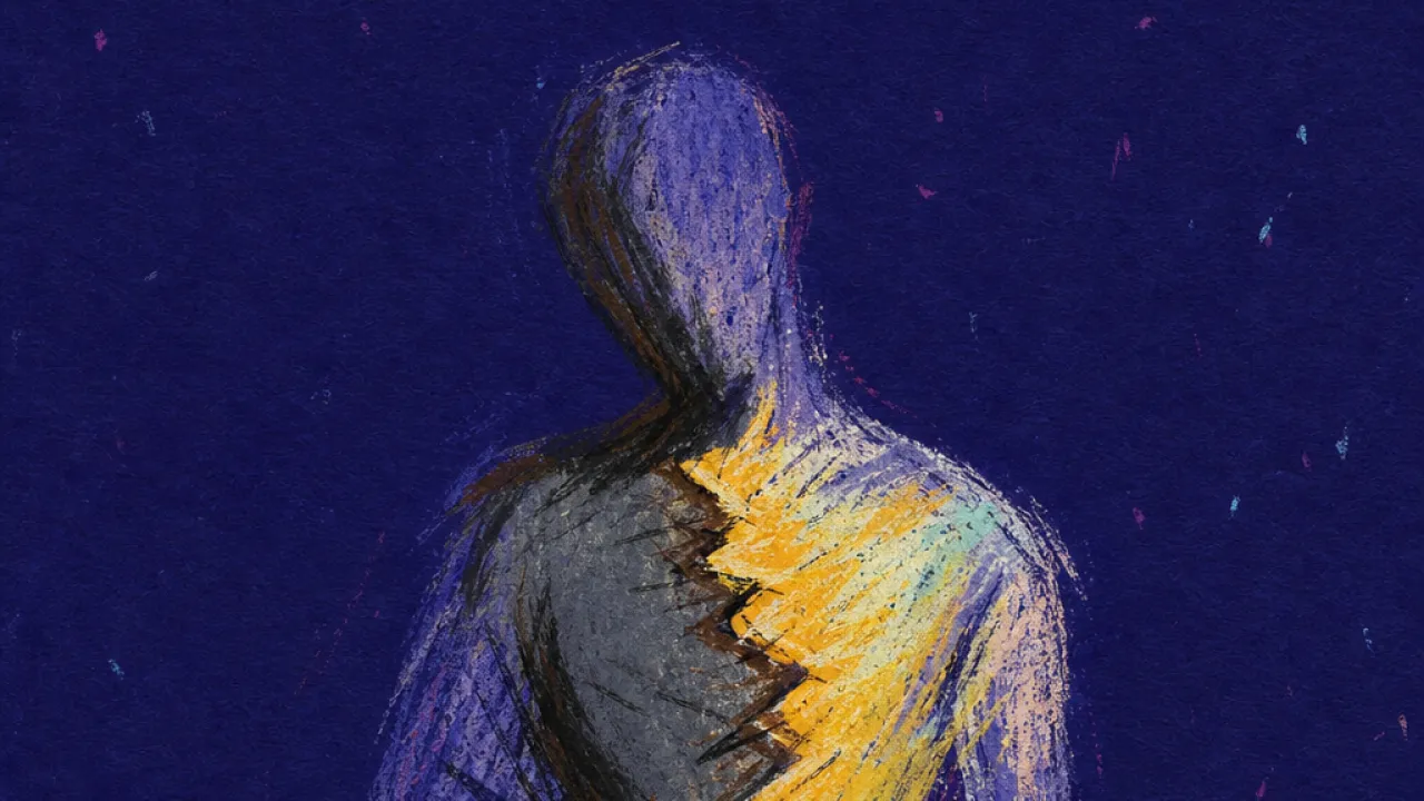 A solitary figure with chest and stomach compressed, sharp amber lines cutting through graphite space in deep indigo