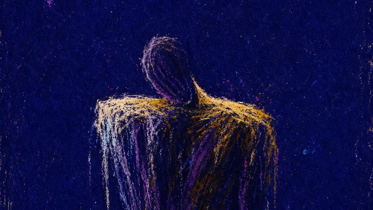 Weight Around the Shoulders A solitary figure in dark space, shoulders compressed by unseen weight, cold amber draining into bruised indigo edges