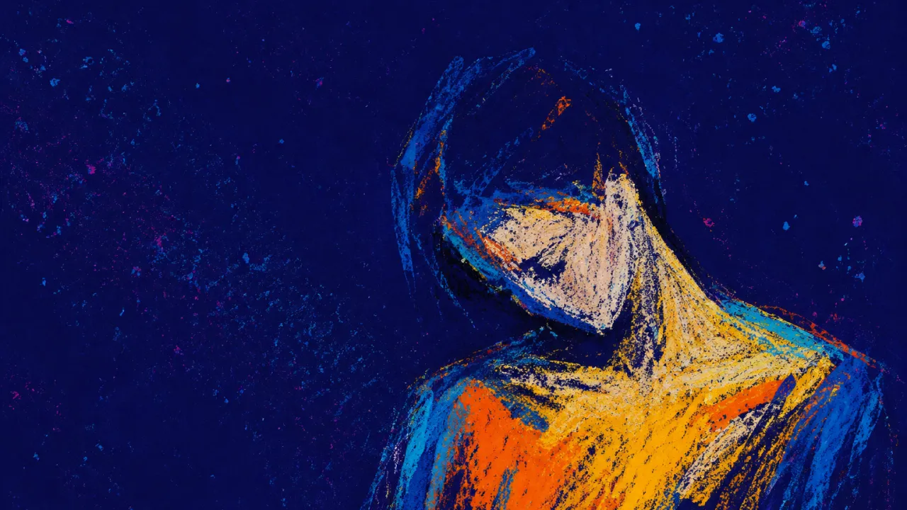Static Settling Into Stillness A solitary figure in dark space, shoulders lowered as amber grain settles across the chest against cool blue edges.