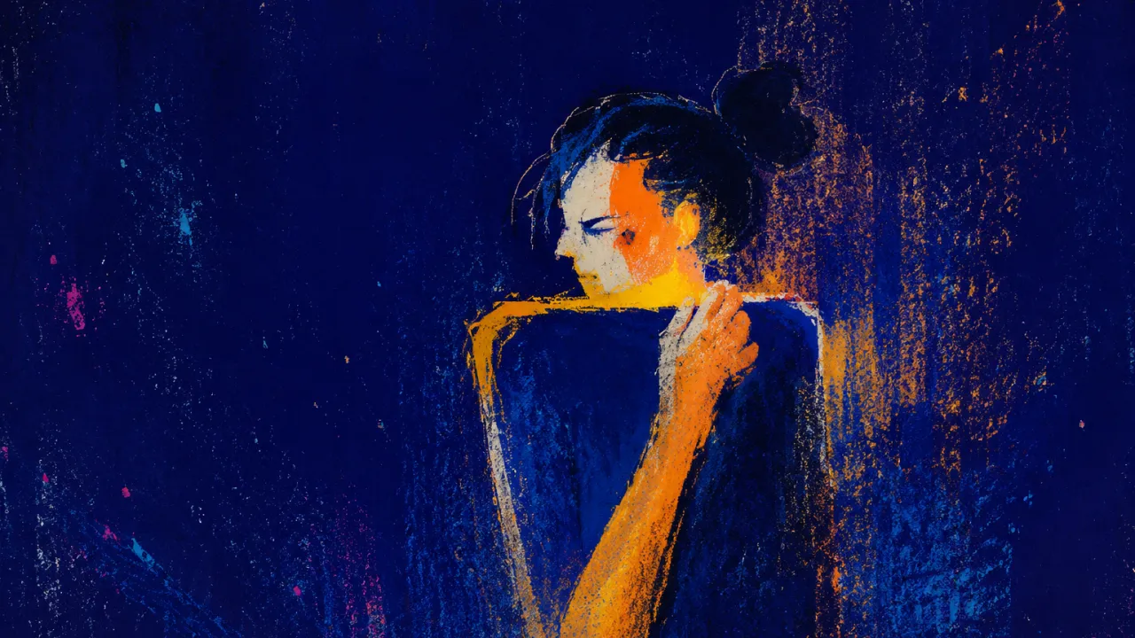 Warmth at the Held Edge A solitary figure with raised shoulders in deep indigo space, silver-edged as warm amber seeps toward the torso.