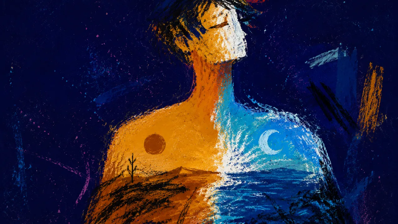 Where Earth Meets Water A solitary figure, torso centered between solid earth and blue water, warm ochre meeting cool light in deep indigo space.
