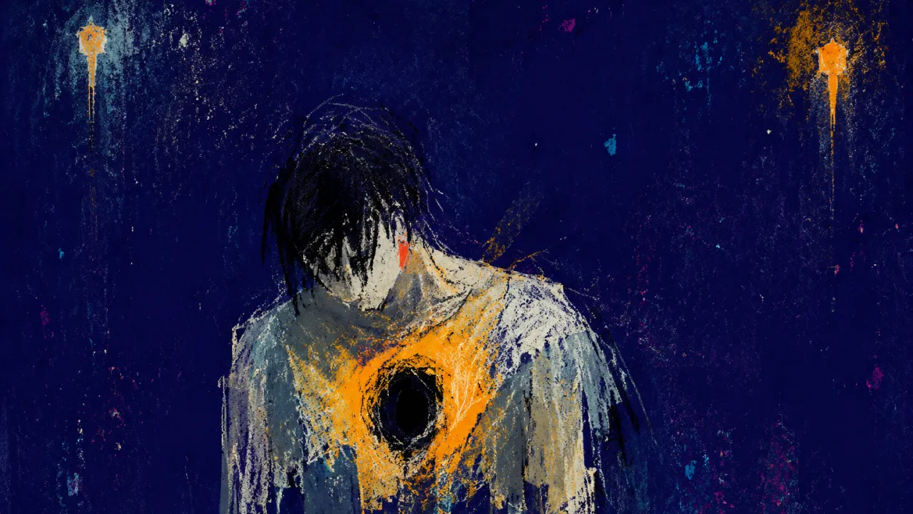 A solitary figure with a hollow chest space, lowered shoulders, warm amber dissolving into cool grey against deep indigo.