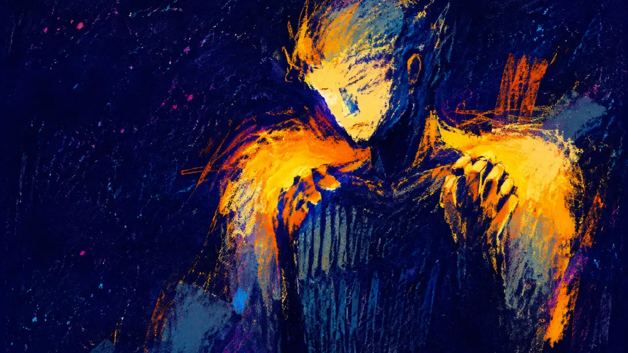 A solitary figure with raised shoulders beneath dense air, amber light suspended across a cool blue torso in deep indigo.